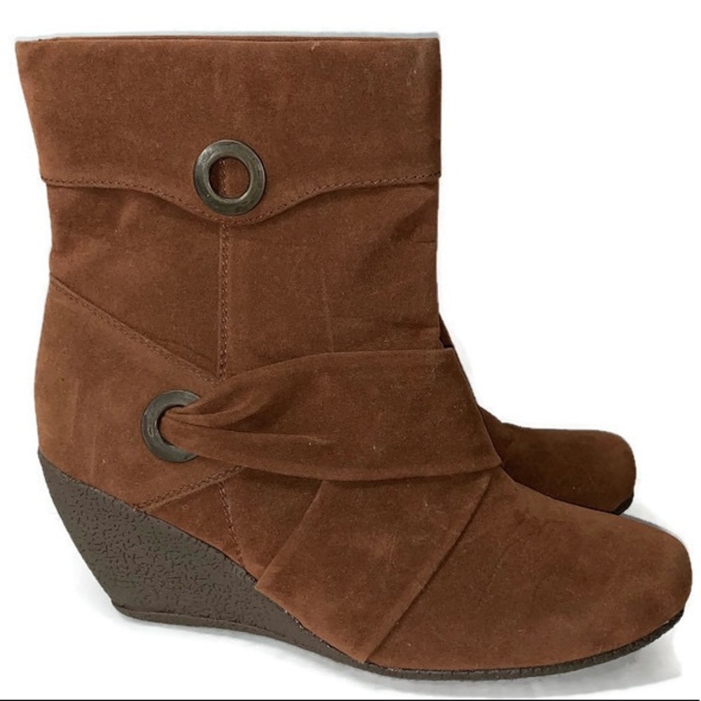 Faux Suade Brown Wedge Ankle Mid Calf Booties